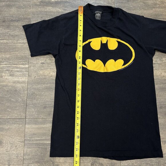 Vintage 80s Batman Yellow Bat Logo Large T-Shirt Black DC Comics Anvil‎ USA - Picture 5 of 6